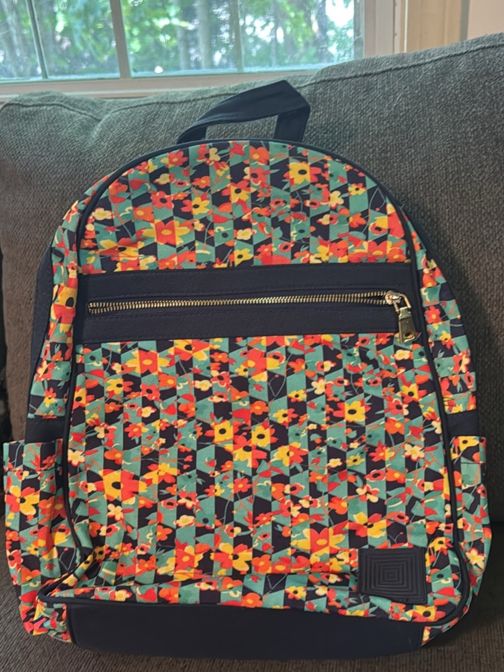 LuLaRoe Floral Geometric Backpack in Teal, Yellow, Red & Black